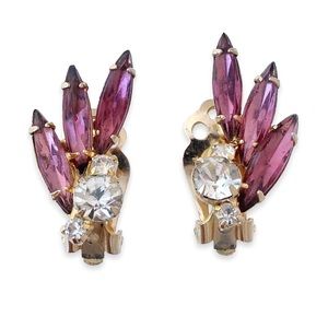 Vintage Purple Rhinestone Clip On Earrings Fan Shape Marquise Stones Gold Tone